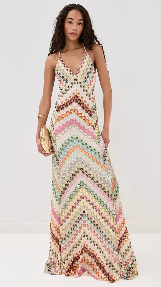 Crochet V Neck Halter Maxi Dress