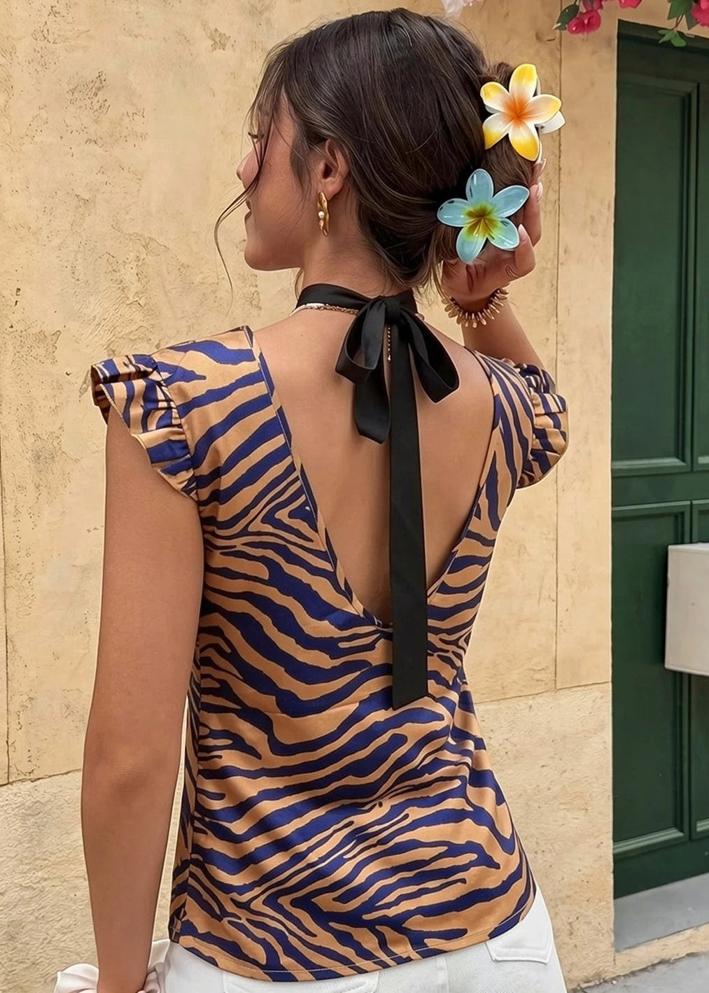 Zebra Print Ruffle Sleeve Blouse