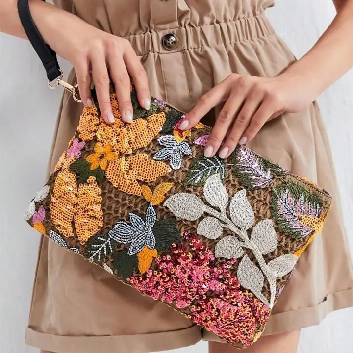 Embroidered Straw Clutch With Sequins
