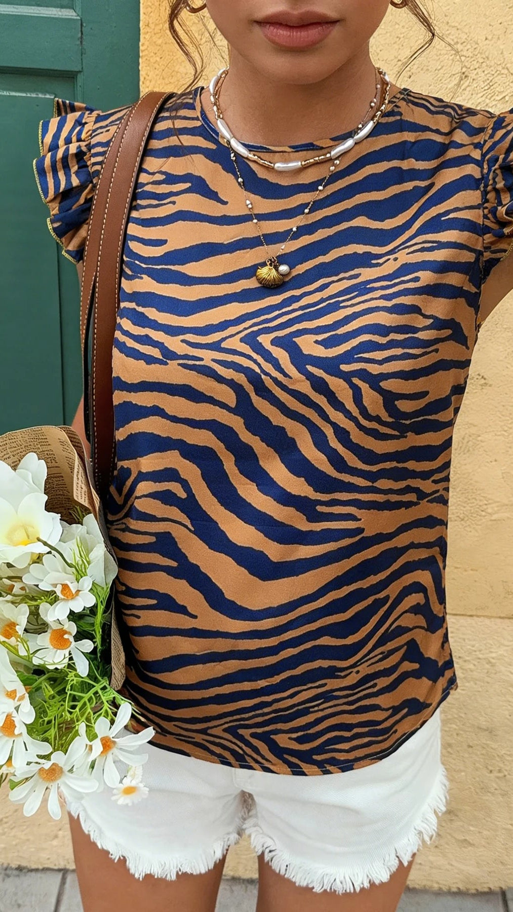 Zebra Print Ruffle Sleeve Blouse