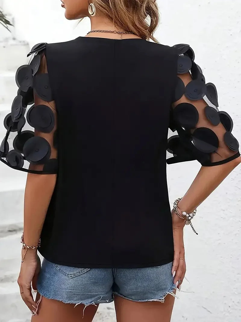 Lace Splice V-Neck Short Sleeve Blouse