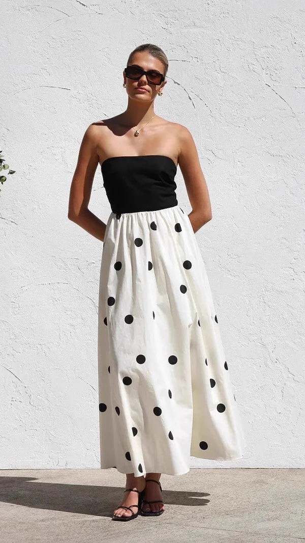 Polka Dot Strapless A-Line Maxi Dress