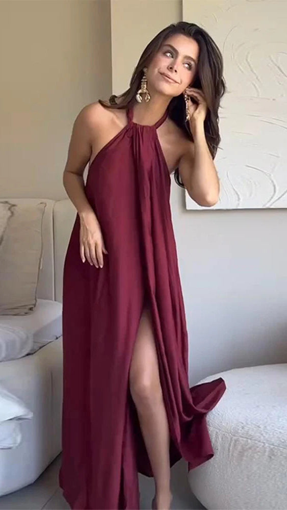 Wine Red Halter Split Maxi Dress
