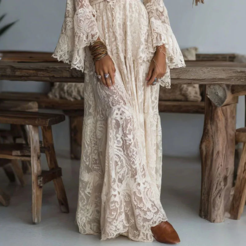 Embroidered Lace V-Neck Maxi Dress
