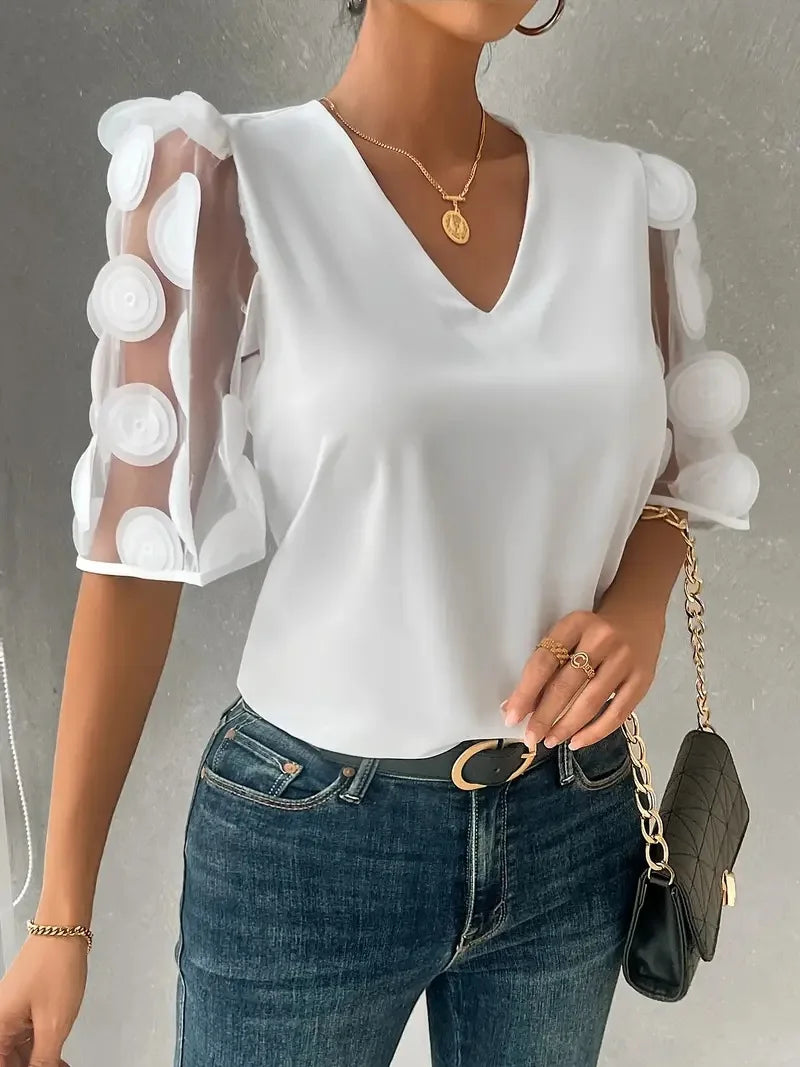 Lace Splice V-Neck Short Sleeve Blouse