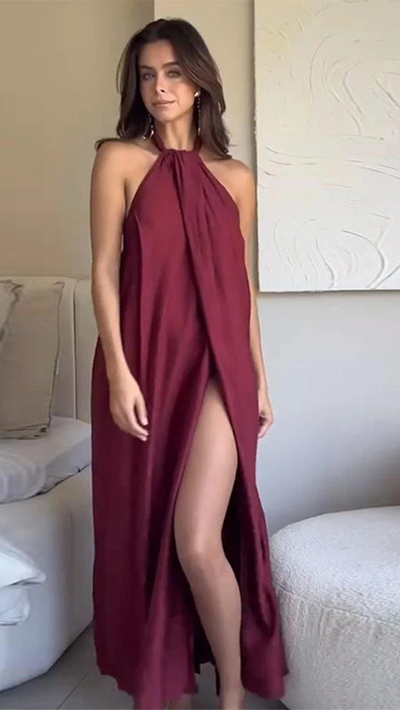Wine Red Halter Split Maxi Dress