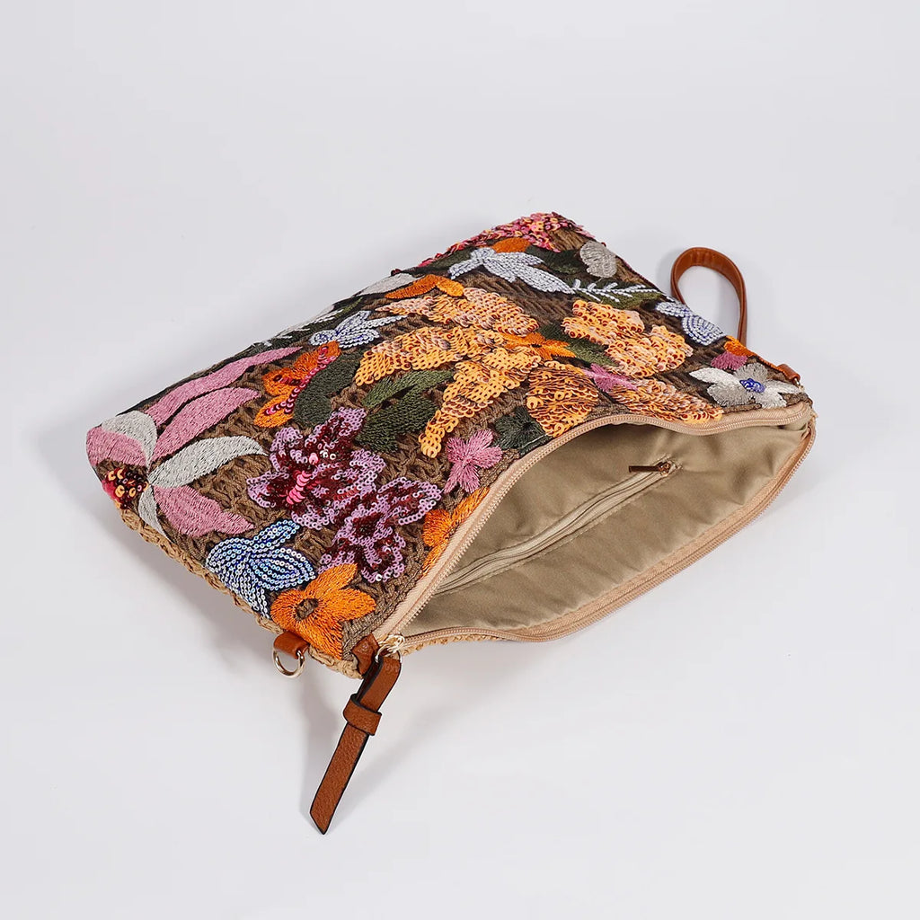 Embroidered Straw Clutch With Sequins