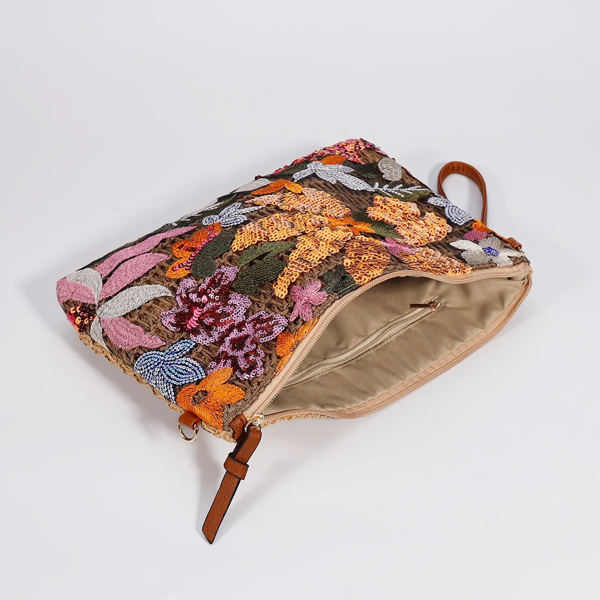 Embroidered Straw Clutch With Sequins