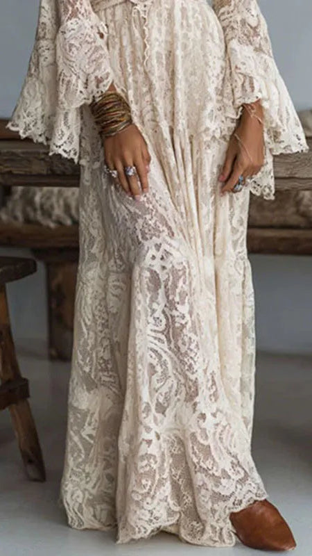 Embroidered Lace V-Neck Maxi Dress