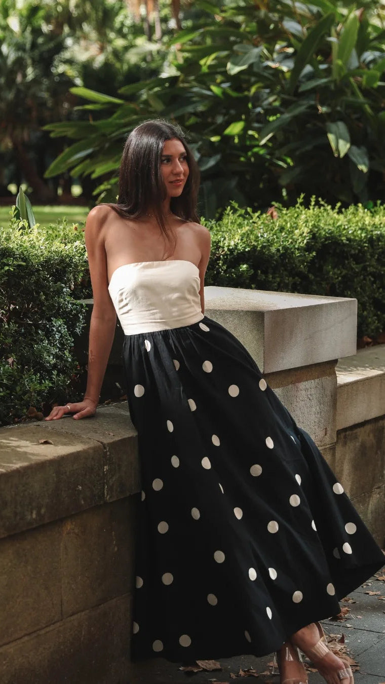 Polka Dot Strapless A-Line Maxi Dress