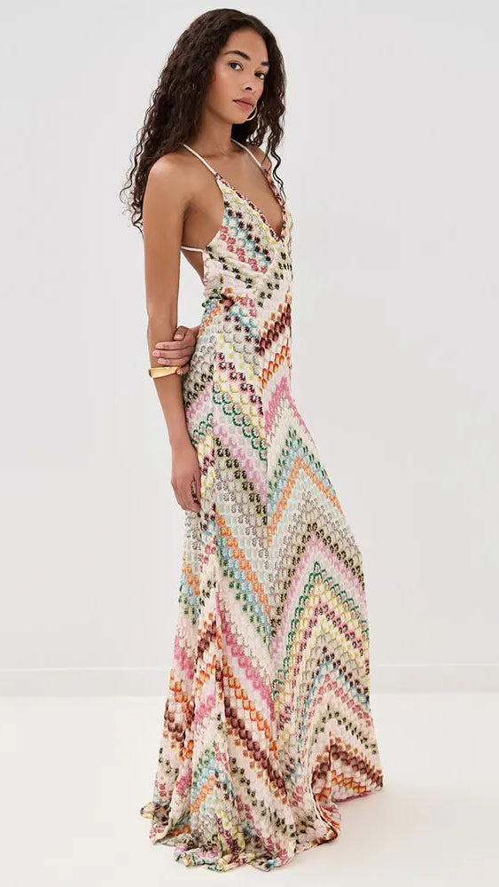 Crochet V Neck Halter Maxi Dress