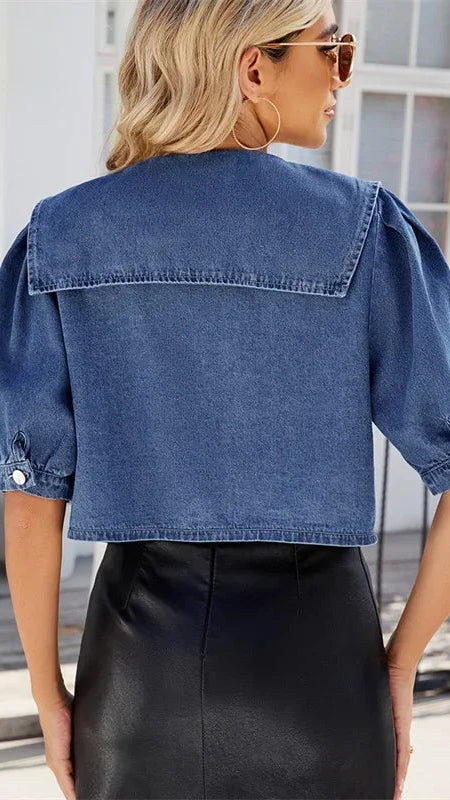 Blue Puff-Sleeve Knit Blazer with Sailor Collar