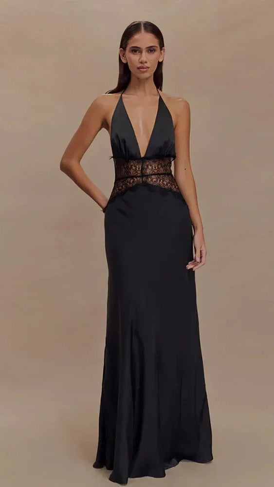 Satin Lace Halter Maxi Dress