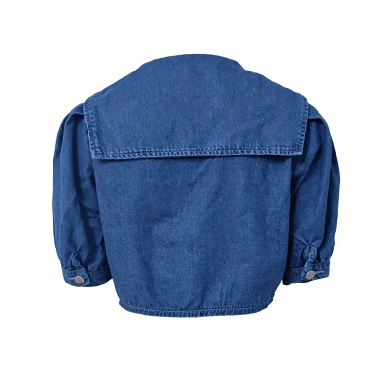 Blue Puff-Sleeve Knit Blazer with Sailor Collar