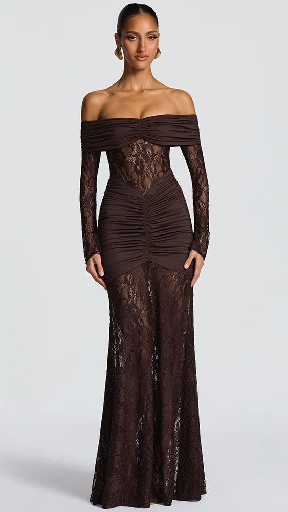 Elegant Strapless Backless A-Line Dress – Coffee