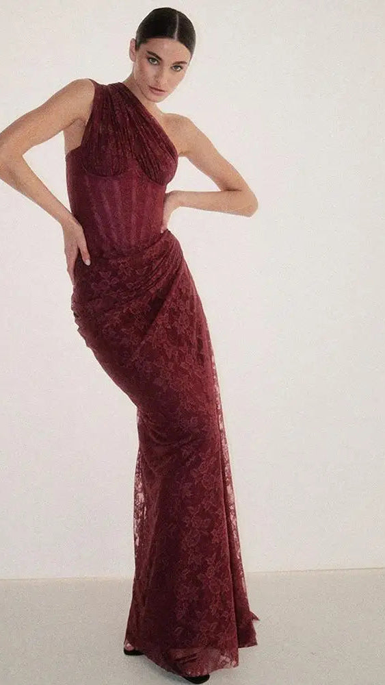 Burgundy One-Shoulder Lace Maxi Dress