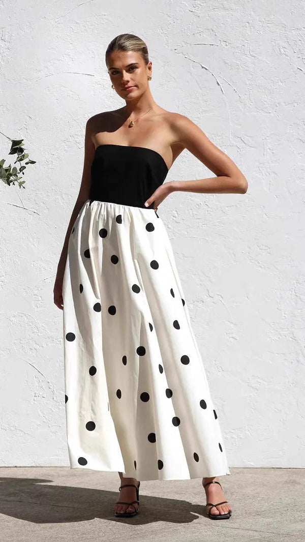 Polka Dot Strapless A-Line Maxi Dress