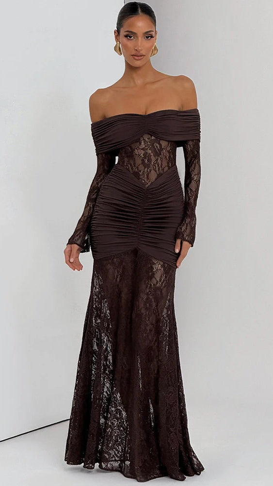 Elegant Strapless Backless A-Line Dress – Coffee