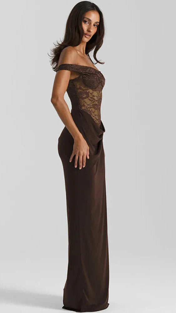 One Shoulder Brown Lace See-Through Backless