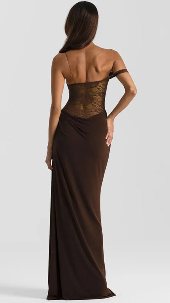 One Shoulder Brown Lace See-Through Backless